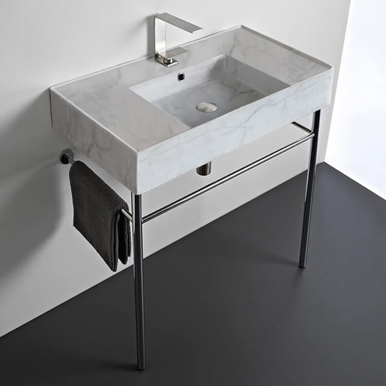 Scarabeo 5123-F-CON-One Hole Marble Design Ceramic Console Sink and Polished Chrome Stand